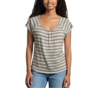 Columbia Women's 100% Cotton Scoop Necked Tan and White Striped Tee Shirt Top L